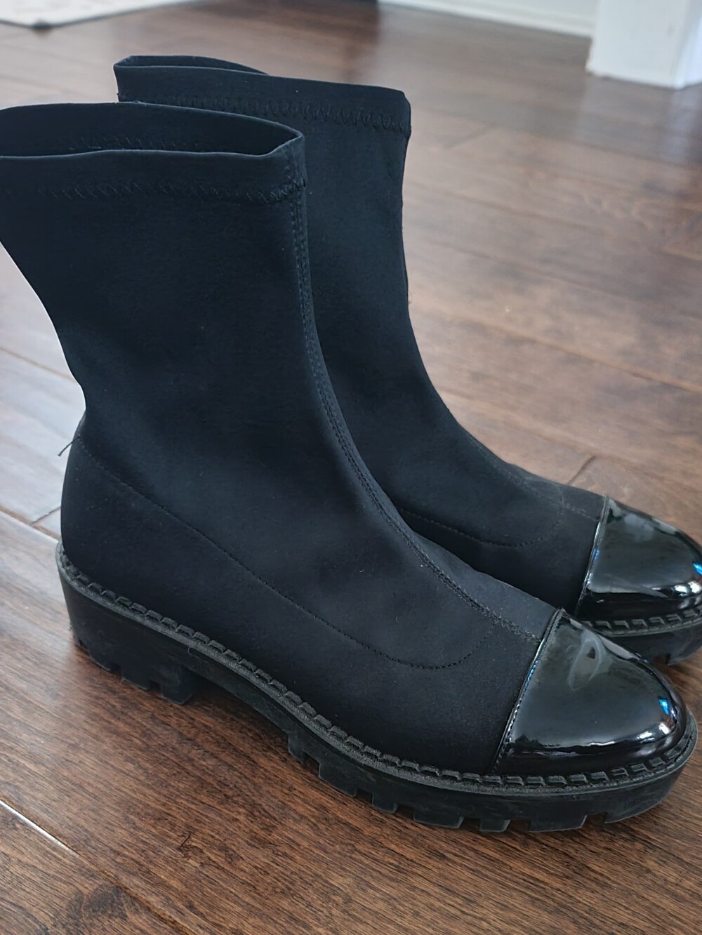 Zara Trafaluc patent cap toe ankle sock booties in black